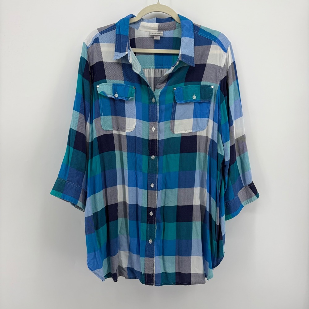 Avenue Womens 18/20 Blue Plaid Button Down Roll Tab 3/4 Sleeve Shirt Top